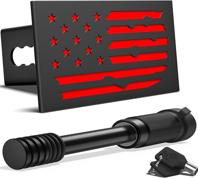 OGYE 2 Inch Trailer Hitch Cover with American Flag, Heavy Metal Trailer Hitch Cover Fit for 2 Inch Hitch Receivers (with 5/8" Pin Dia Anti-Theft Trailer Hitch Lock),3 * 5" Black Hollowed Out - Image 1
